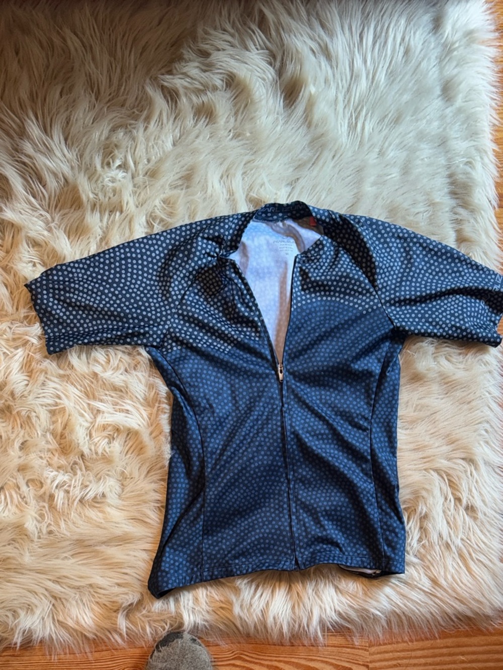 Pearl Izumi Navy and White Polka Dot Short Sleeve Zip-Up Top